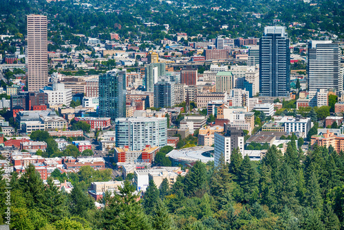 PORTLAND, OR - AUGUST 2017: Aerial view of Portland skyline. The city attracts 3 million tourists annually