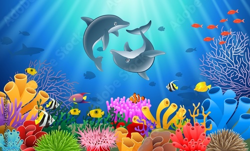 Dolphin cartoon with underwater view and coral background. Vector Illustration.