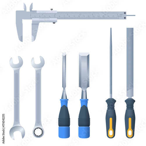 Mechanic, carpentry, measure and construction hand tool set. Flat illustration of spanner, wrench, caliper, rasp, file and chisel. Vector design elements isolated on white background.