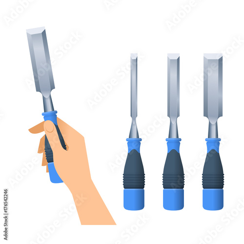 Human hand holds chisel. Flat illustration of male hand with builder and construction tool. Carpentry steel tool set. Vector design element set isolated on white background.