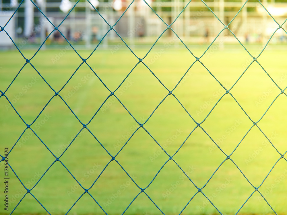 Blue soccer stadium net and green field with no one on Blue soccer stadium net and green field with no one on
