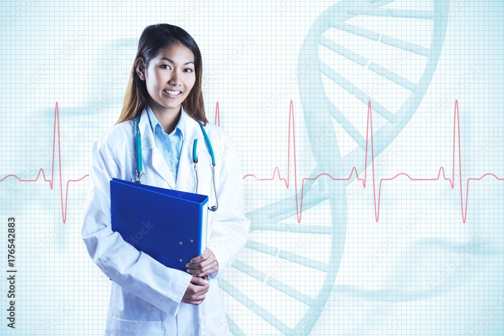 Composite image of asian doctor holding blue binder Composite image of asian doctor holding blue binder