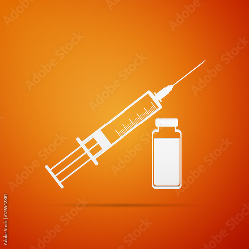 Medical syringe with needle and vial, concept of vaccination, injection icon isolated on orange background. Flat design. Vector Illustration