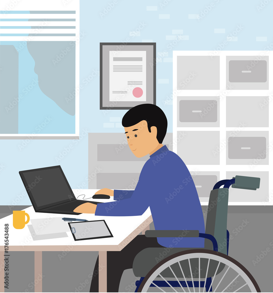Handicapped businessman sitting on wheelchair and using computer in office. Disable person concept illustration vector. Handicapped businessman sitting on wheelchair and using computer in office. Disable person concept illustration vector.