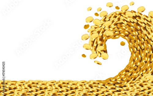 The wave of money. Huge tsunami wave of gold coins. Jackpot or success concept.