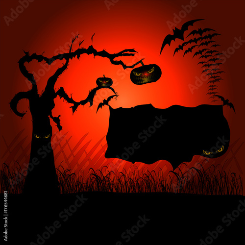 Poster de halloween con árbol, calabazas y murciélagos