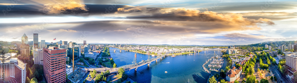 Panoramic aerial view of Portland skyline and Willamette river