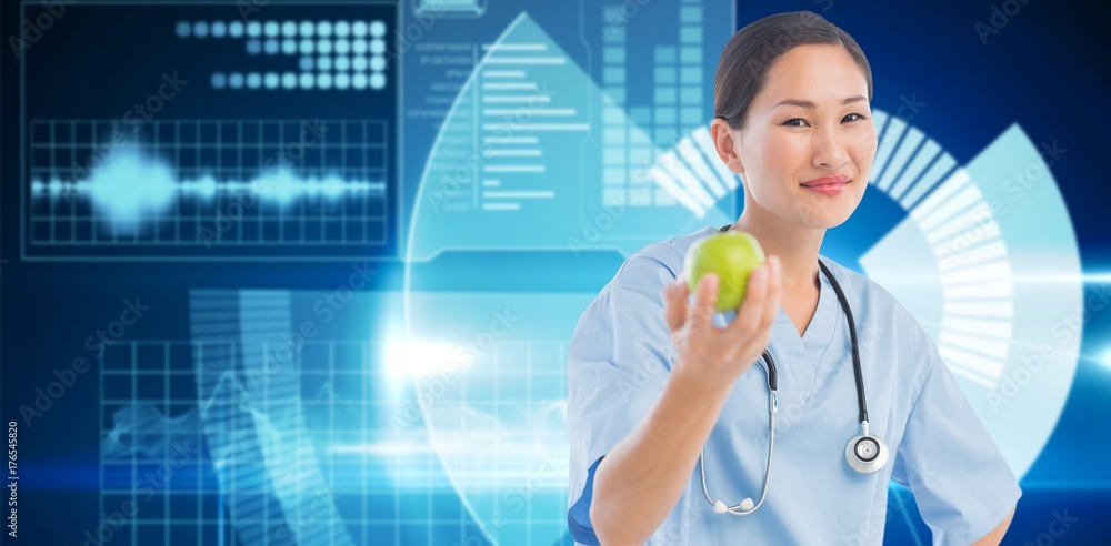 Composite image of smiling surgeon holding an apple with Composite image of smiling surgeon holding an apple with