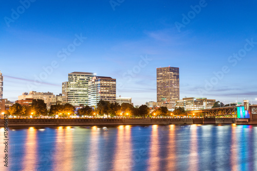 Beautiful night view of Downtown Portand and Willamette River reflections © jovannig