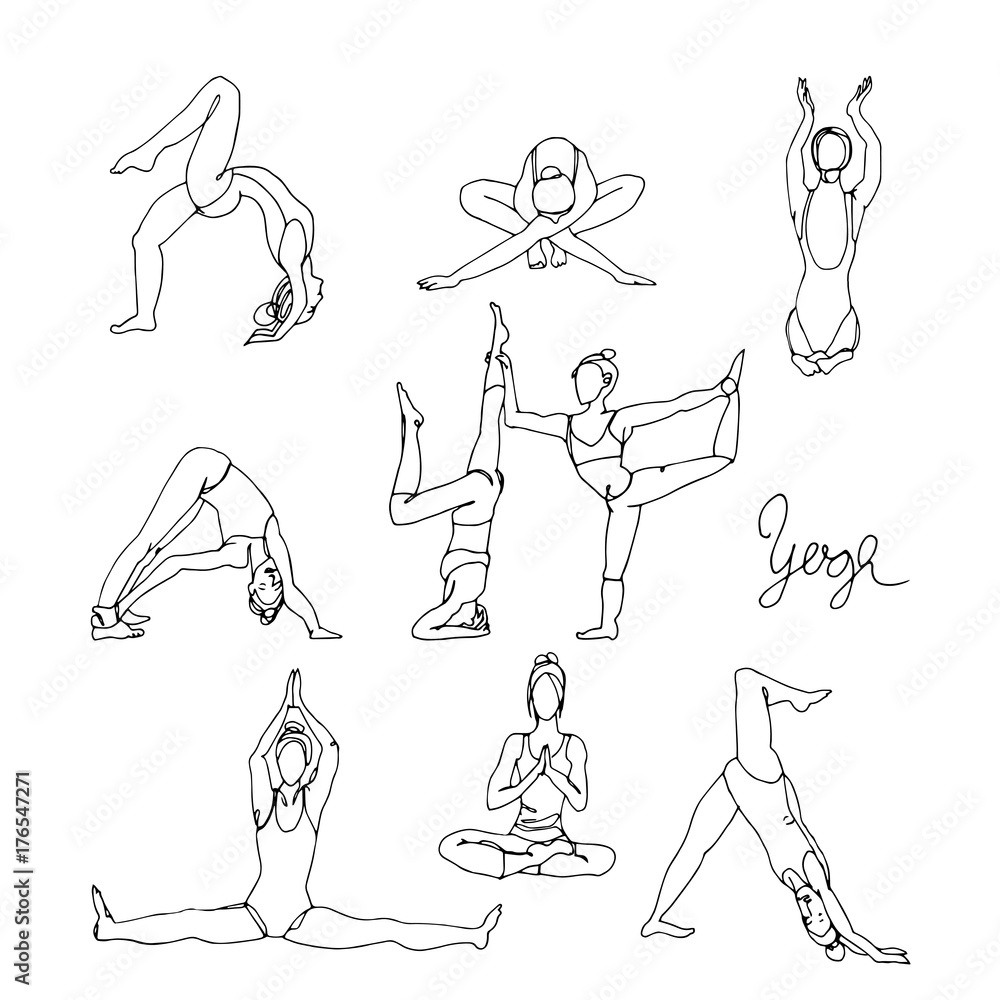 Woman in different yoga poses hand drawn sketch. Doodle yoga exercises. Woman in different yoga poses hand drawn sketch. Doodle yoga exercises.