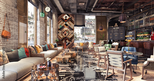 Fotografiet Concept design of modern Restaurant lounge bar Train Station 3D Rendering