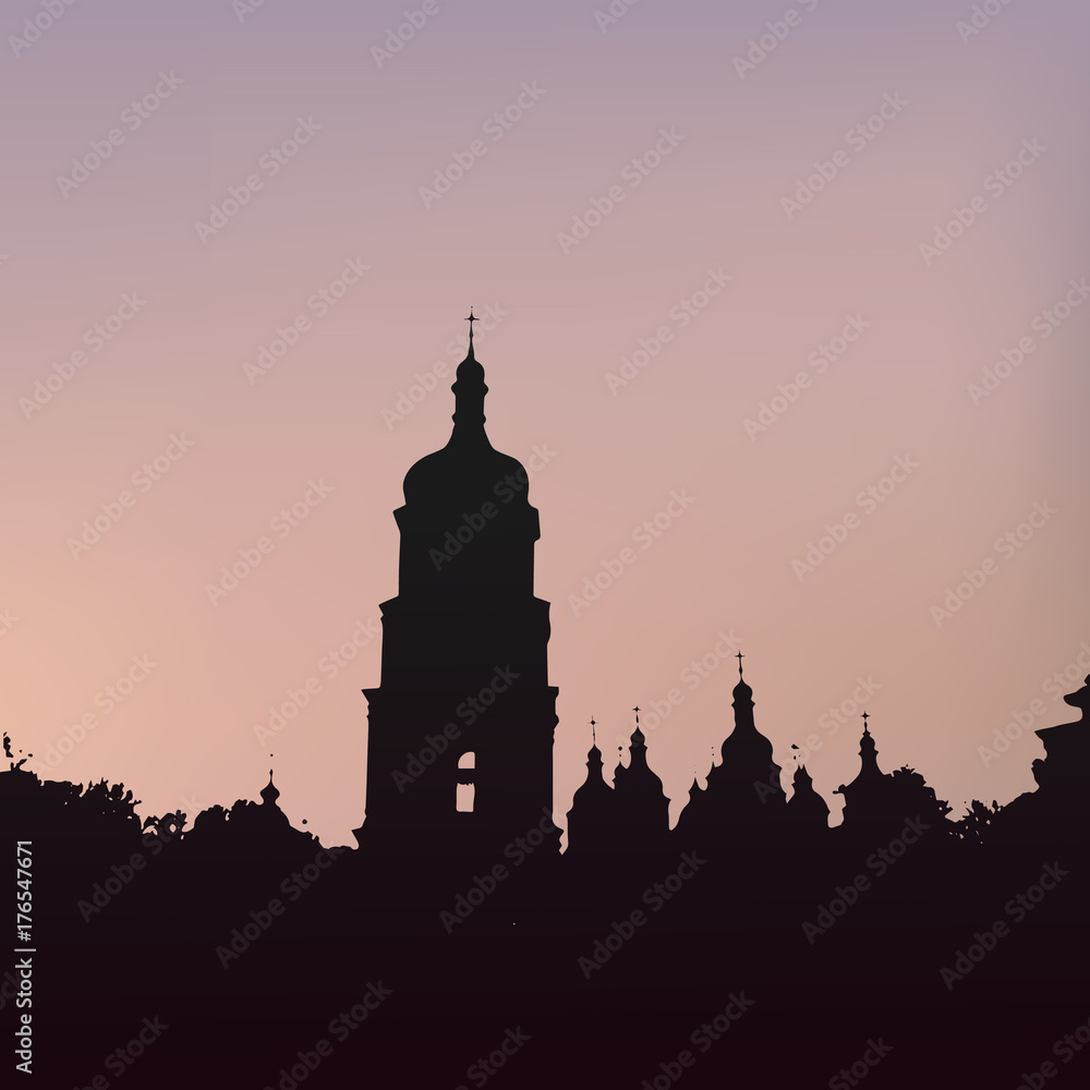 Silhouette of Saint Sophia's cathedral in Kiev. Horizon line on sunset.