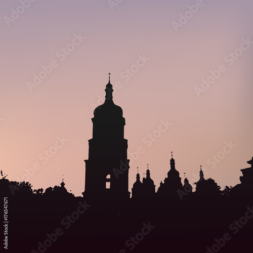 Silhouette of Saint Sophia's cathedral in Kiev. Horizon line on sunset.