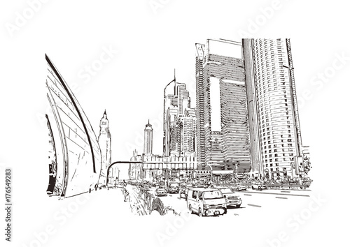 Sketch of Sheikh Zayed Road Dubai, UAE in vector illustration.