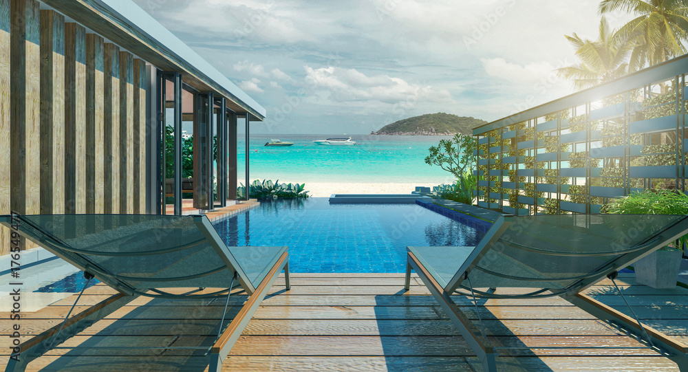 Fototapeta premium Sea view swimming pool in modern loft design,Luxury ocean Beach house