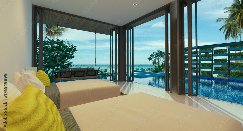 Fototapeta premium Sea view swimming pool in modern loft design,Luxury ocean Beach house