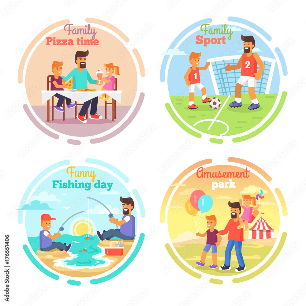 Fototapeta premium Father s Day Card with Happy Dads and Children