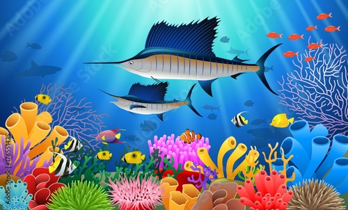 Sailfish Swimming Under Water Cartoon Animal Character. Vector Illustration.