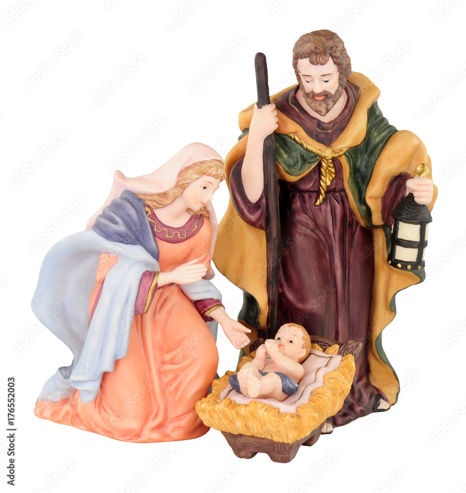 Traditional Christmas nativity with Mary and Joseph and Baby Jesus isolated on a white background