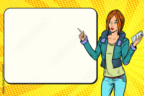 Girl woman with phone on the presentation