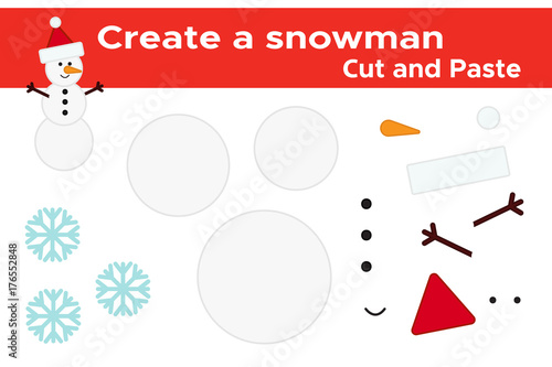 Create a snowman. Funny paper education game for children. Scissors and glue. Vector illustration.