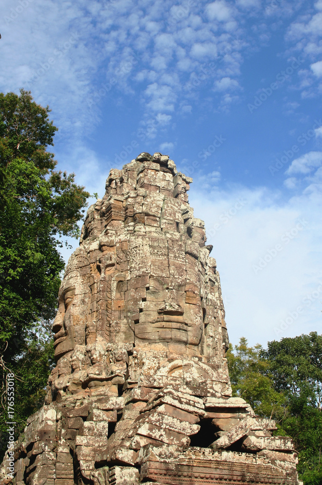 Face tower of the west gopura or entrance gate to the Ta Prohm monastery temple in Angkor area, Cambodia.