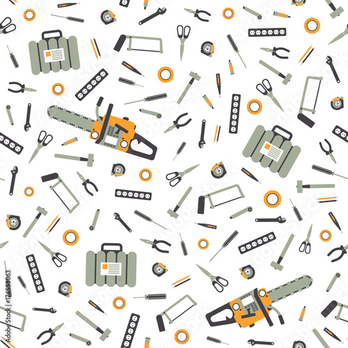Seamless Pattern with Working Hand Tools for Repair and Construction. Illustration in flat style.