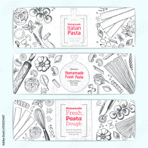 Italian pasta horizontal banner set. Hand drawn vector illustration. Collection of pasta different types. Italian food design template. Engraved sketch style.