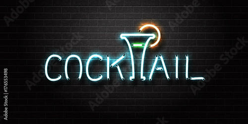 Vector realistic isolated neon sign of cocktail for decoration and covering on the wall background. Concept of night club and bar.