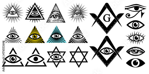All seeing eye. Illuminati symbols, masonic sign. Conspiracy of elites.The Jewish Star Sign of David. New world order. Vector illustration set