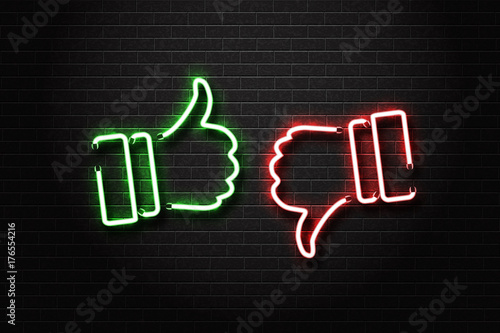 Vector realistic isolated neon signs of thumbs up and down on the wall background. Concept of rating, network and social media. photo