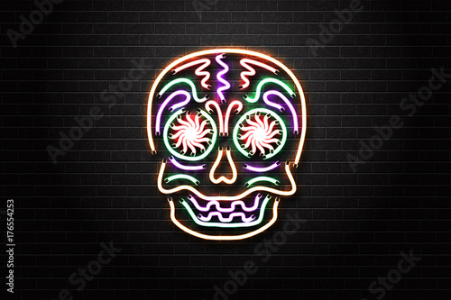 Vector realistic isolated neon sign for Dia de Muertos skull for decoration and covering on the wall background. Concept of Happy Day of the Dead in Mexico.