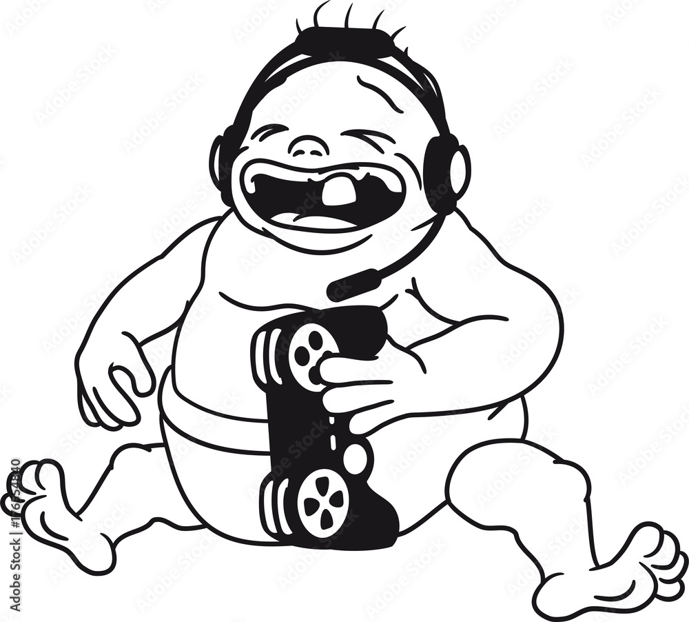 Obraz premium gamer nerd geek zocken konsole play controller headset flamer feeder weinen flennen unglücklich traurig schreien nerven fett dick sitzend klein süß niedlich windel kind baby comic cartoon