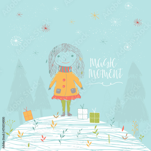 Merry Christmas cute greeting card with girl for presents.