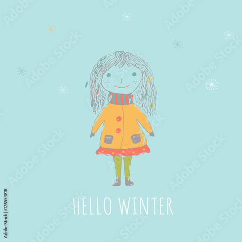 Merry Christmas cute greeting card with girl for presents.