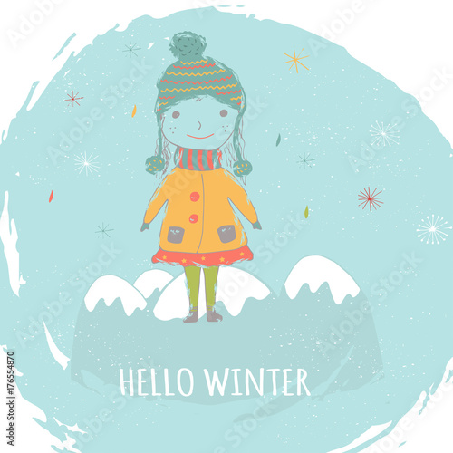 Merry Christmas cute greeting card with girl for presents.