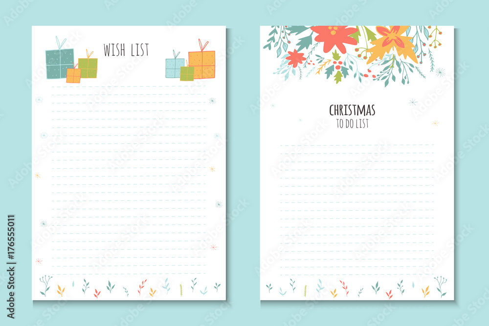 Christmas holiday to do lists, cute notes with winter vector illustrations.