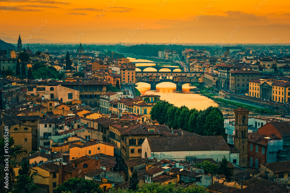 Ponte Vecchio Bridge and Skyline of Florence Italy at Sunset 