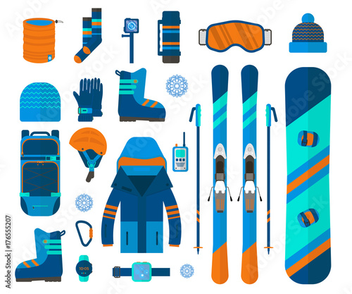 Winter sport icons collection. Skiing and snowboarding set equipment