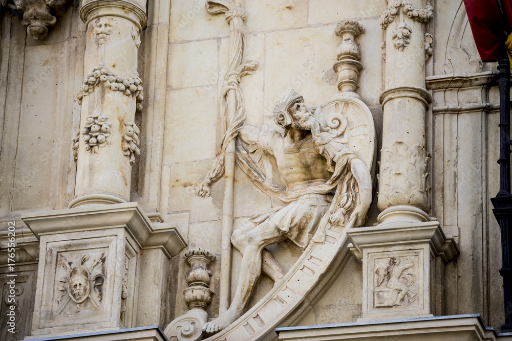 Details of stone sculptures of the facade of the University of Alcalá de Henares. Madrid, Spain.