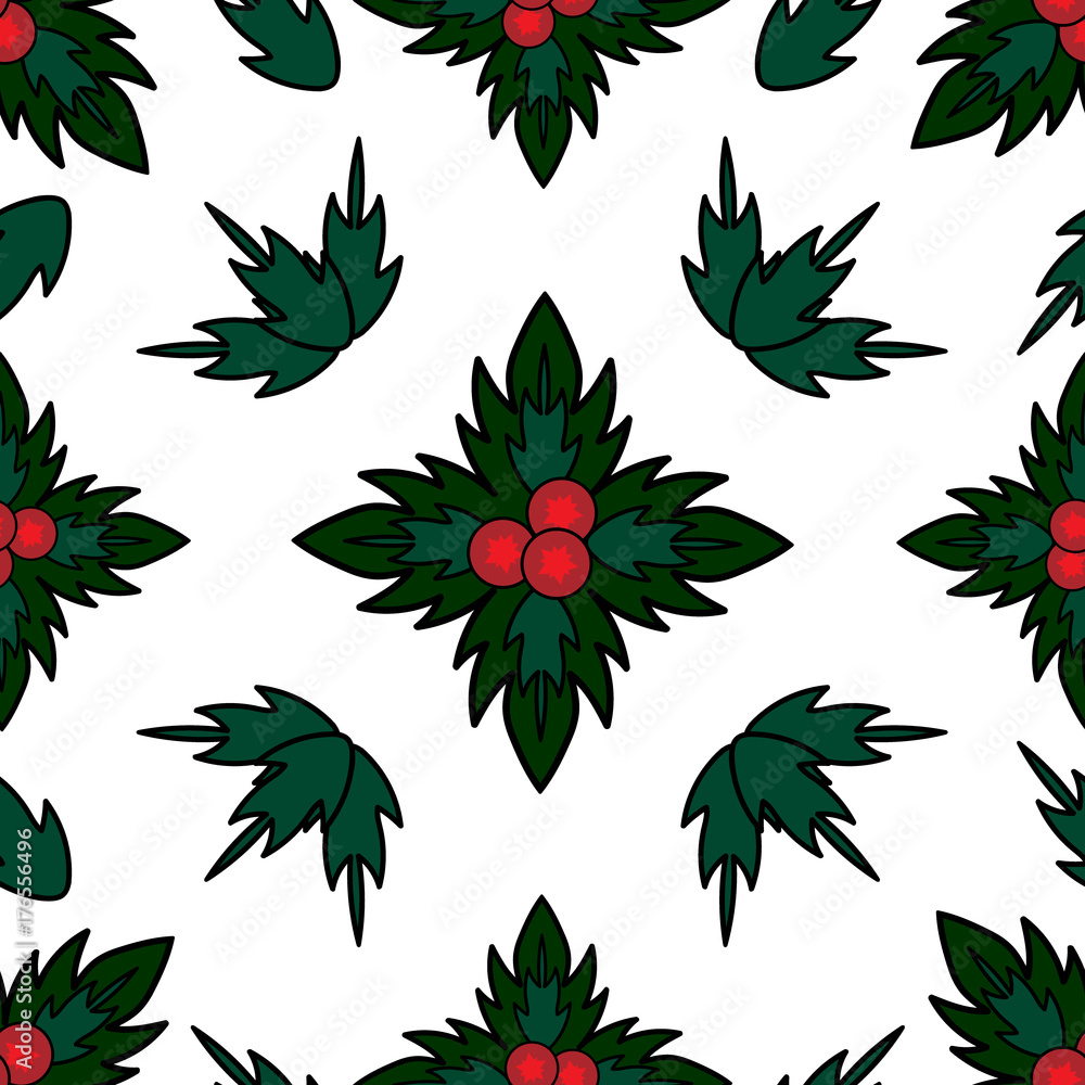 Christmas seamless pattern in vintage style. Mistletoe vector pattern isolated on white background. New Year decoration  pattern. Christmas cute design in red and green colors. Christmas mood, holly.
