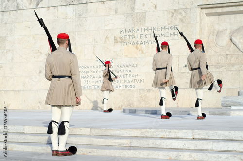 Evzones Greeces historic presidential guard.The unit is known for its uniform, which has evolved from the clothes worn by the klephts.The most visible item of this uniform is the fustanella, 