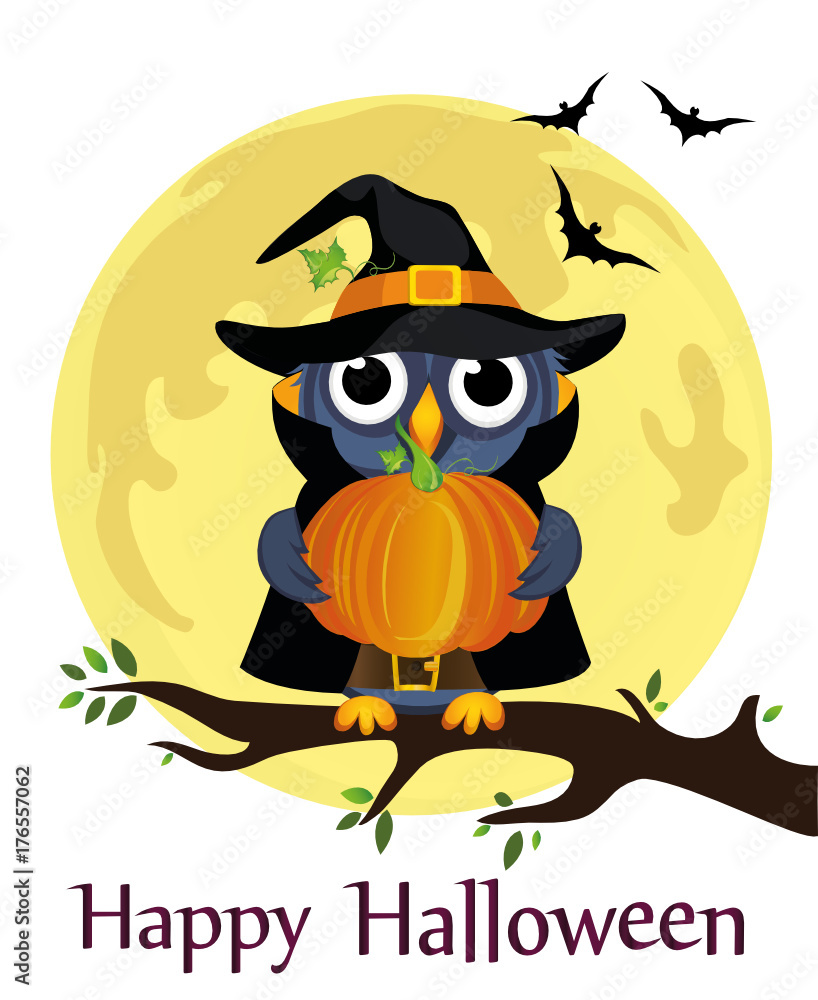 Halloween. Cartoon owl in a witch costume against a background of the moon with bats sitting on a branch. Vector