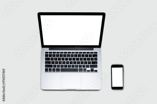 Top view, Flat lay style, Travel set, Working desk, computer, laptop, smart phone, coffee, mug, on wooden with texture background with clipping path.