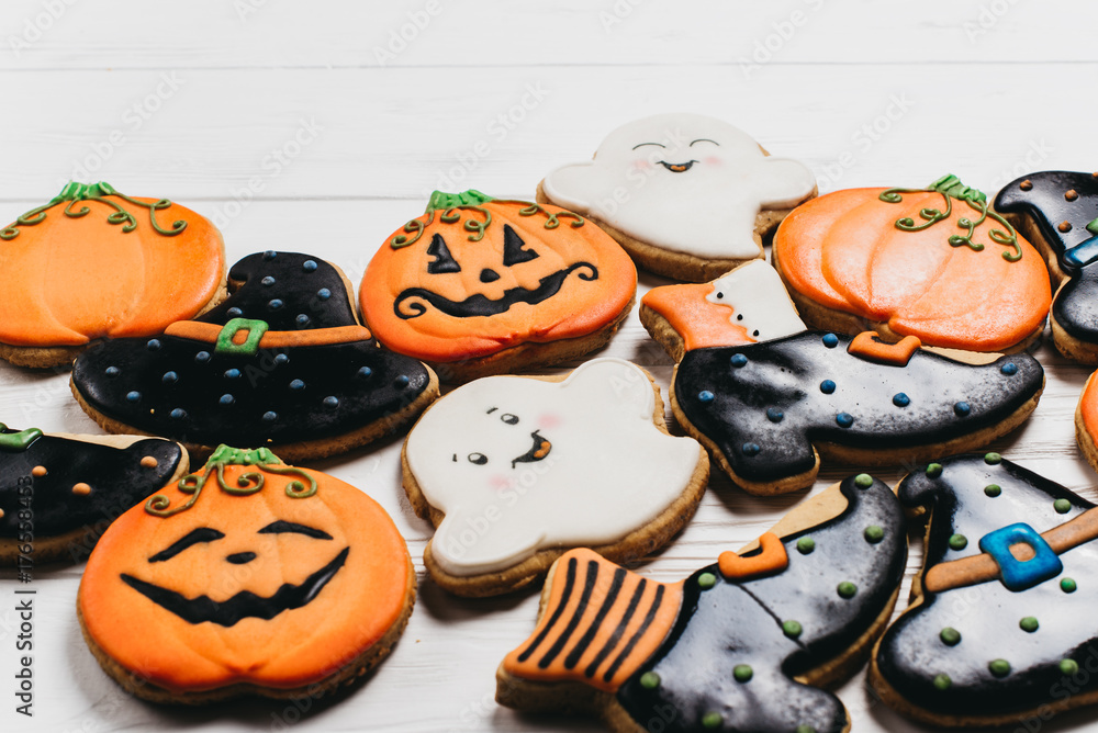 Funny delicious ginger biscuits for Halloween on the table. horizontal view from above