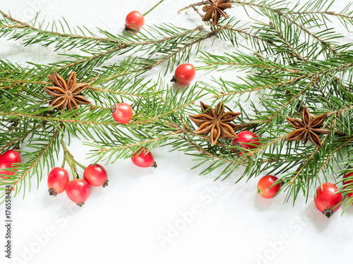 Christmas decorations on a white background  berries rose hips  stars  fir branches. copy space