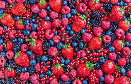 Fototapeta Naklejka Na Ścianę i Meble -  Berries overhead large closeup colorful assorted mix of strawbwerry, blueberry, raspberry, blackberry, red currant in studio on dark background in studio