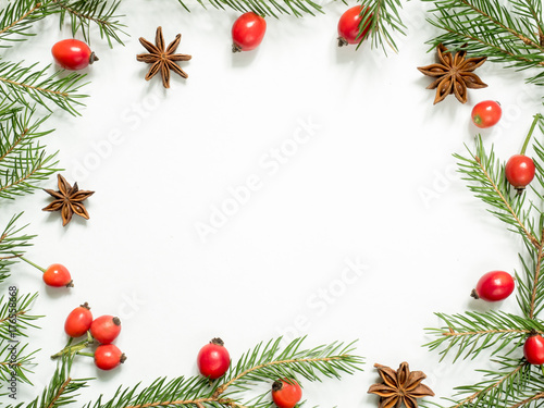 Christmas decorations on a white background, berries rose hips, stars, fir branches. copy space