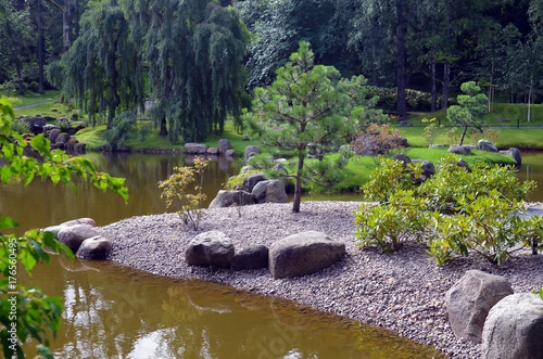Landscape with pond and trees in botanical garden of Tallinn