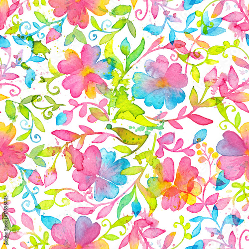Happy and bright floral seamless pattern with hand drawn watercolor flowers and leaves